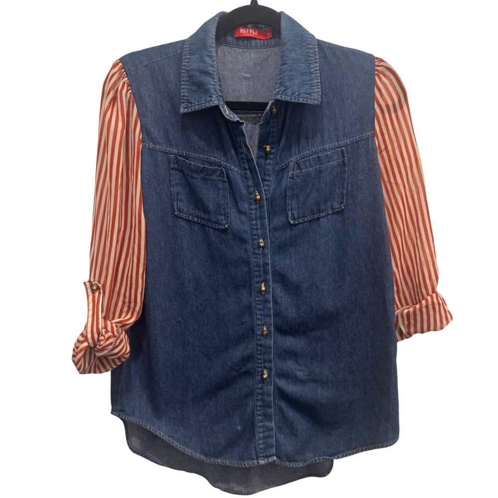 HSTYLE Denim Tunic Shirt / Top‎ Striped Red & White Long Sleeve, Button Up